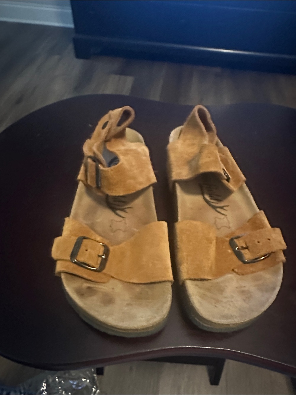 Women’s Two-Buckle Suede Sandals in Tan